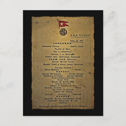 Laatste menu RMS Titanic (Voorkant)