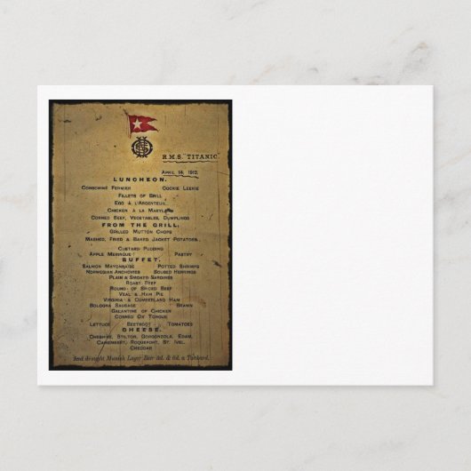 Laatste menu RMS Titanic (Voorkant)