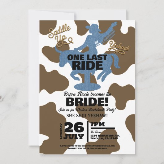 Laatste rit Denim Cowgirl Western vrijgezellenfees Kaart (Voorkant)