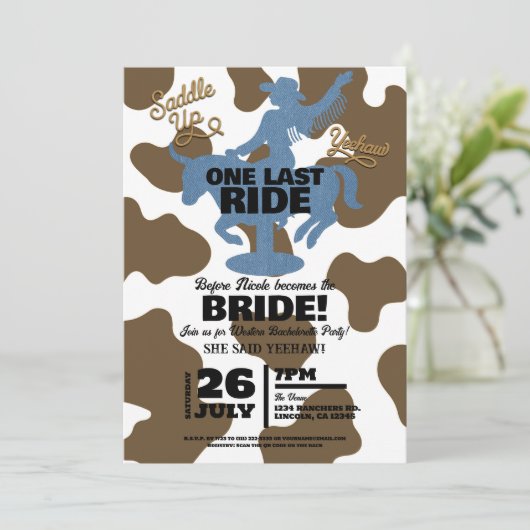 Laatste rit Denim Cowgirl Western vrijgezellenfees Kaart (Staand voorkant)