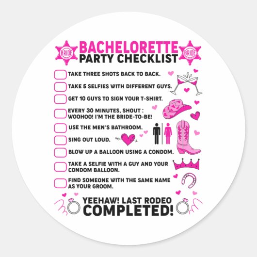 Laatste Rodeo Bachelorette Feest Bruid Westerse Co Ronde Sticker (Voorkant)