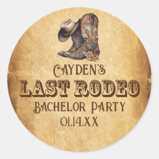 Laatste Rodeo Cowboy Bachelor Party Grunge Bruin Ronde Sticker (Voorkant)