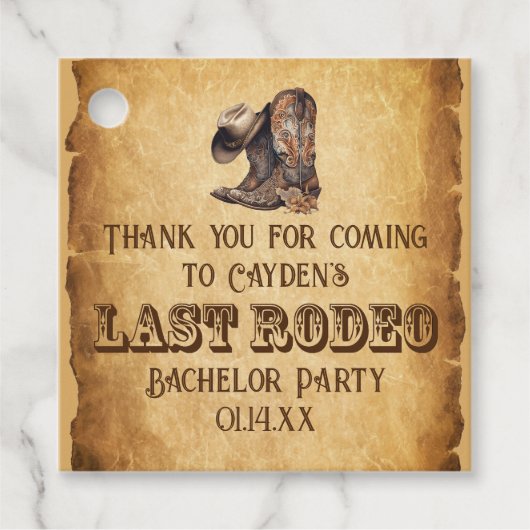 Laatste Rodeo Cowboy Grunge Bruine Bachelor Party Bedankjes Labels (Voorkant)
