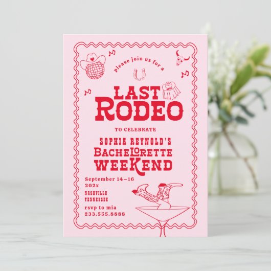 Laatste Rodeo Cowgirl Roze en Rode Bachelorette Kaart (Staand voorkant)