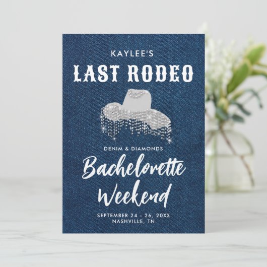 Laatste Rodeo Denim Diamonds Cowgirl Pet Bachelore Kaart (Staand voorkant)