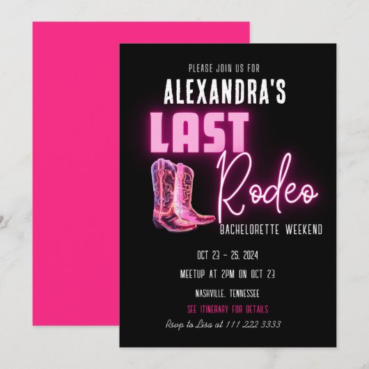 Laatste Rodeo Hot Pink Neon Cowboy laarzen Bachelo Kaart (Voorkant / Achterkant)