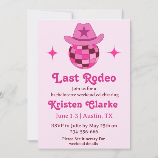 Laatste Rodeo Roze Disco Cowgirl Bachelorette Kaart (Voorkant)