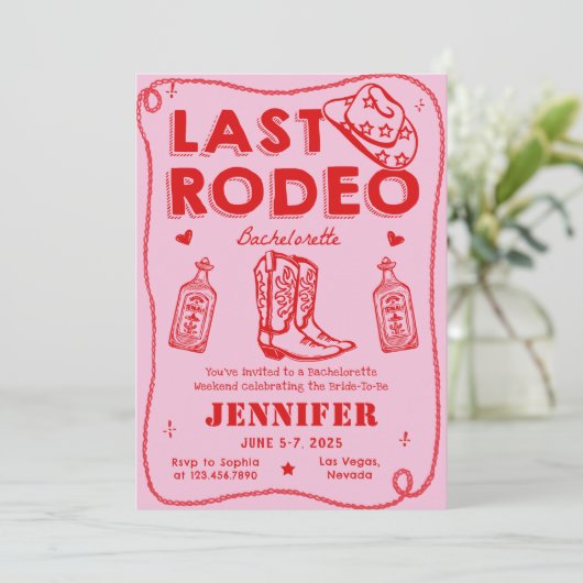 Laatste Rodeo Roze Rode Cowgirl Bachelorette Weeke Kaart (Staand voorkant)