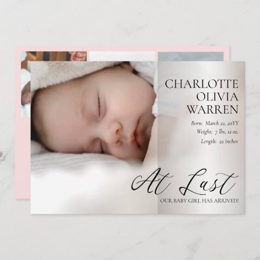 Laatste script 4 Foto Pink Birth Aankondiging (Voorkant / Achterkant)