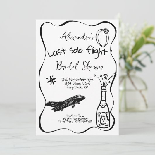Laatste solo vlucht getrokken bruids douche uitnod kaart (Staand voorkant)