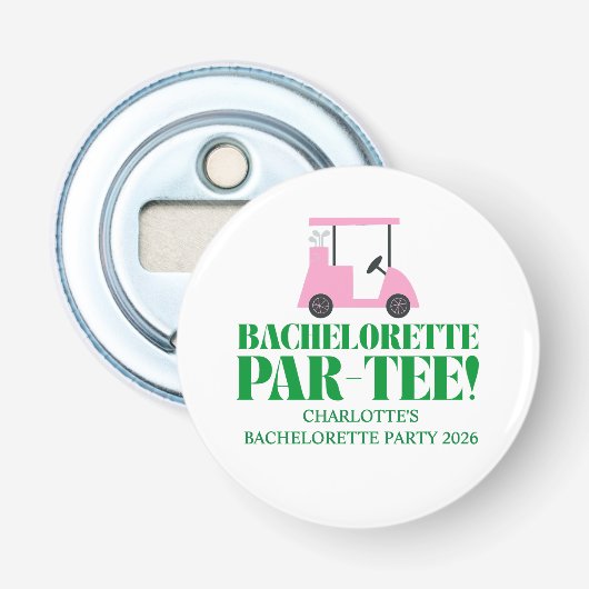 Laatste Swing Golf Bachelorette Roze Groen Button Flesopener (Voorkant)