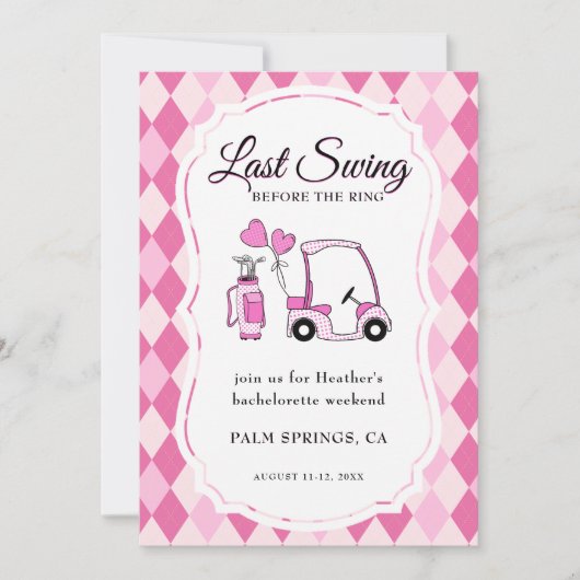 Laatste swing roze Argyle Golf Bachelorette Kaart (Voorkant)