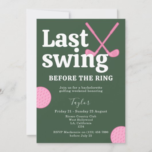 Laatste swing voor de ring golf bachelorette kaart (Voorkant)