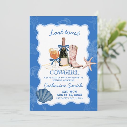 Laatste Toast Cowgirl Beach Bachelorette Reisschem Kaart (Staand voorkant)