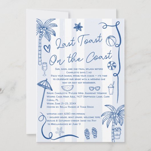 Laatste toast op de kust Blue Bachelorette Weekend Kaart (Voorkant)