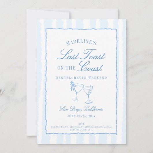 Laatste Toast op de kust Blue Stripes Bachelorette Kaart (Voorkant)