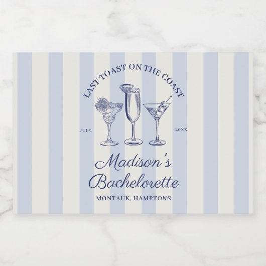 Laatste toast op de kust Stoffig Blauw Gestreept Sparkling Wijnetiket (Enkel label)