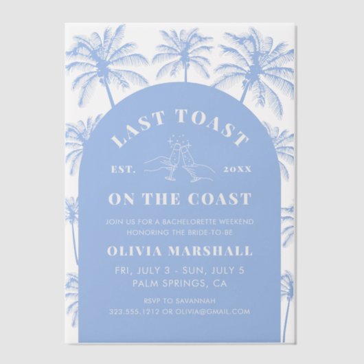 Laatste toost op het Coast Bachelorette Party Vellum Uitnodigingen (Voorkant)