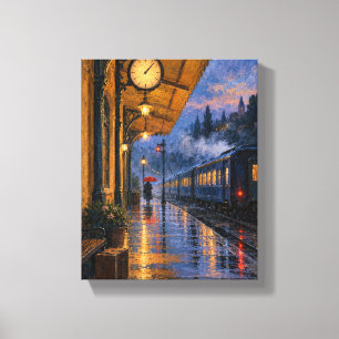 Laatste trein bij het oker station Regenachtige Canvas Afdruk