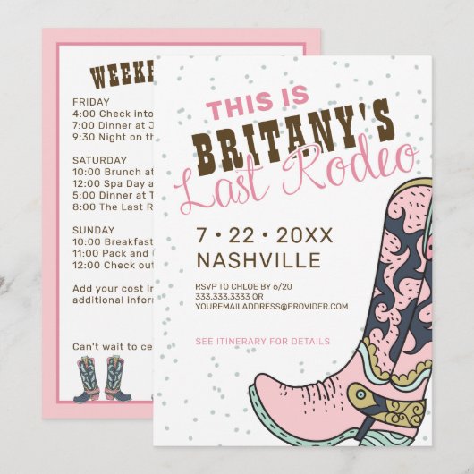 Laatste uitnodiging van Rodeo Roze Bachelorette (Voorkant / Achterkant)