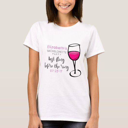Laatste vliegen voor de ring wijnglas Bachelorette T-shirt (Voorkant)