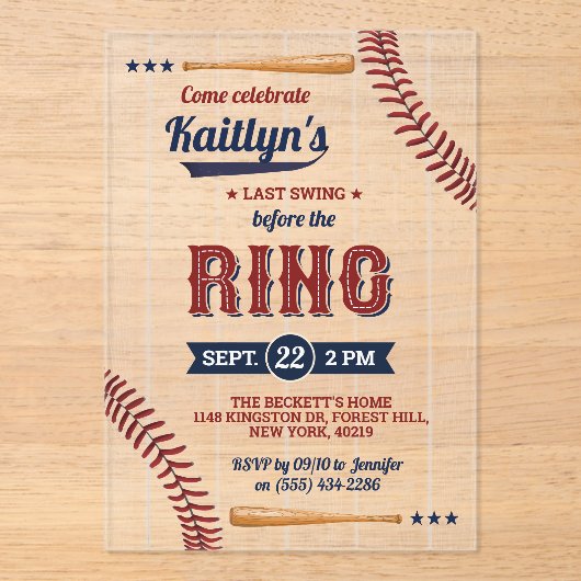 Laatste zwaai voor de ring! honkbal Vrijgezellenfe Acryl Uitnodigingen (Voorkant)
