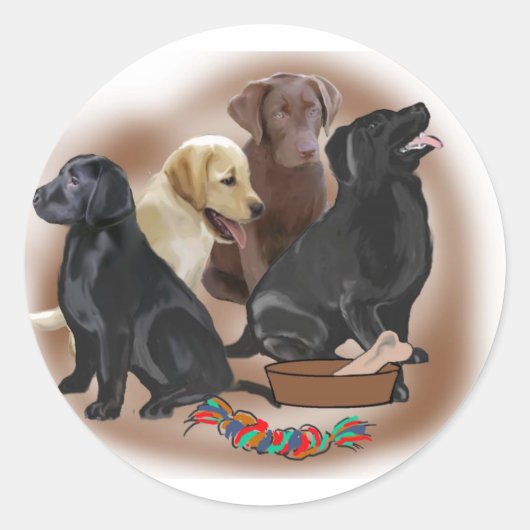 Lab puppies met speelgoed ronde sticker (Voorkant)
