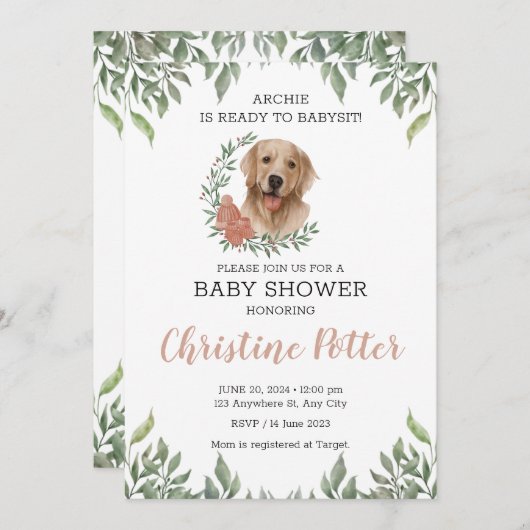 Lab Retriever Dog Puppy Greenery Boho Baby shower Kaart (Voorkant / Achterkant)
