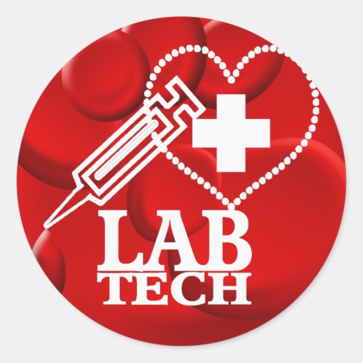 LAB TECH HEART SYRINGE LOGO - LABORATORIUMWETENSCH RONDE STICKER (Voorkant)