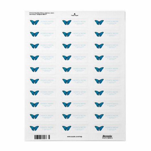 LABEL ADRES TERUG : BLAUWE BUTTERFLES (Full Sheet)