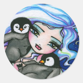 "Label Alangen" Zeemeermin Baby pinguins Fantasy F Ronde Sticker