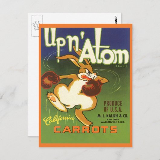 label Art boxing Rabbit, boven op Atom Carrots Briefkaart (Voorkant / Achterkant)