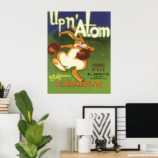 label Art boxing Rabbit, boven op Atom Carrots Poster (Thuiskantoor)