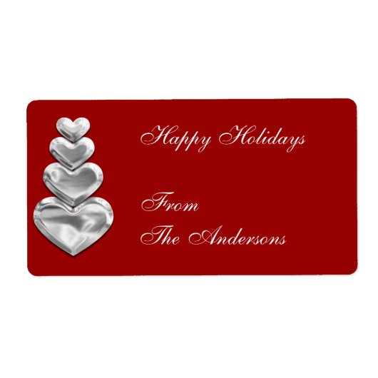 Label Cadeausticker Zilveren Harten op Rood (Voorkant)