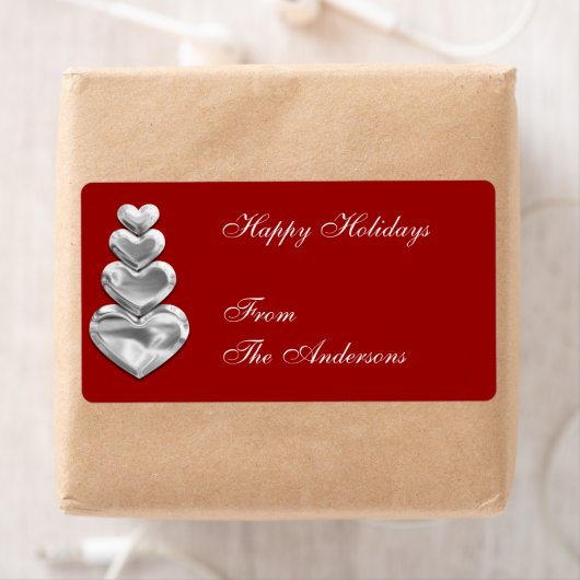 Label Gift Sticker Zilveren Harten op Rood (Insitu)
