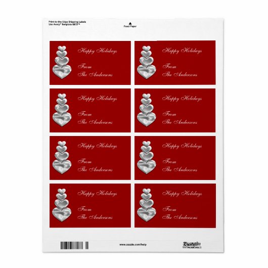 Label Gift Sticker Zilveren Harten op Rood (Full Sheet)