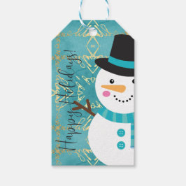 Label met cadeau voor blauw en gouden kerstsnowman cadeaulabel