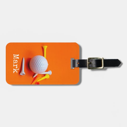 Label met golfbal en t - shirts op sinaasappel bagagelabel (Voorkant horizontaal)