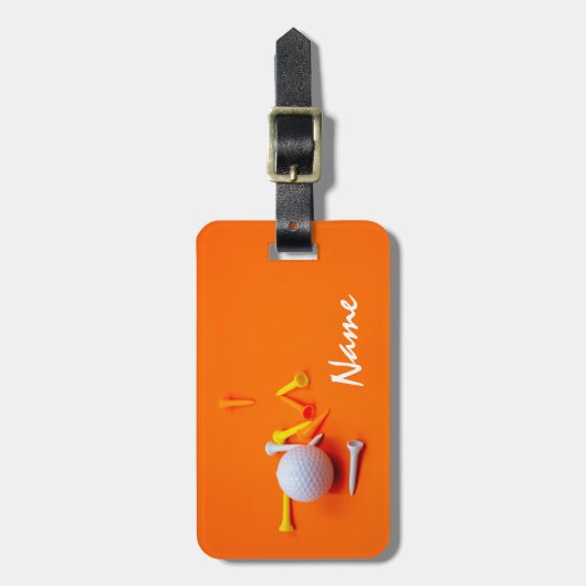 Label met golfbal en t - shirts op sinaasappel bagagelabel (Voorkant verticaal)