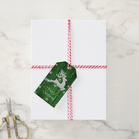 Label met groene kerstrenrendiercadeau cadeaulabel (Met Touw)