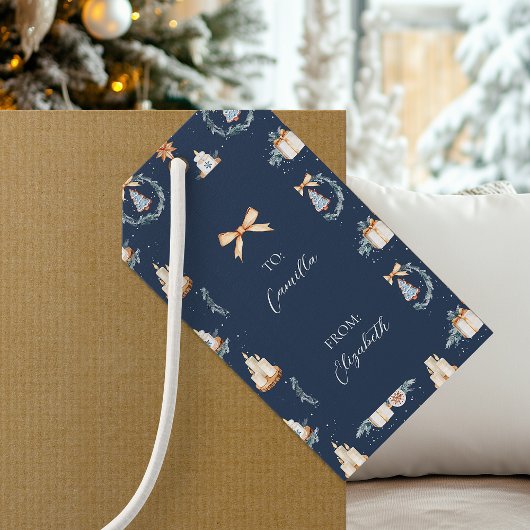 Label met kerstcadeaus | Navy Waterverf Holiday La Cadeaulabel