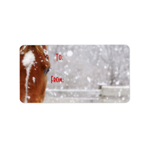 Label met kerstcadeaus voor winterpaarden