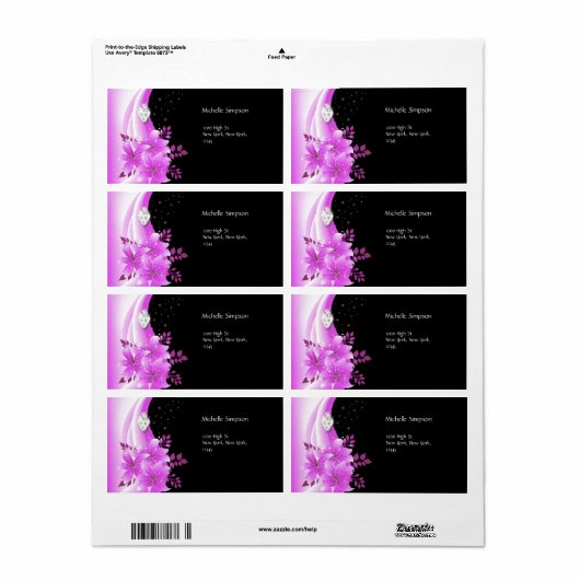 Label Roze Zwart Bloemen Diamant Jewel Adres (Full Sheet)