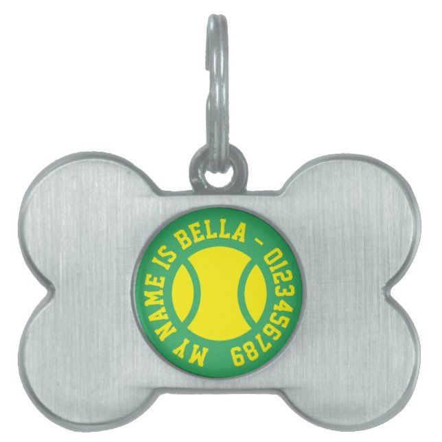 Label van de metalen bothond met tennisbal logo huisdieren naamplaatje (voorkant)