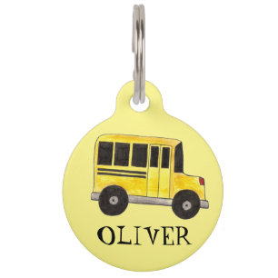Label van gele schoolbus met wieltjes huisdierpenning