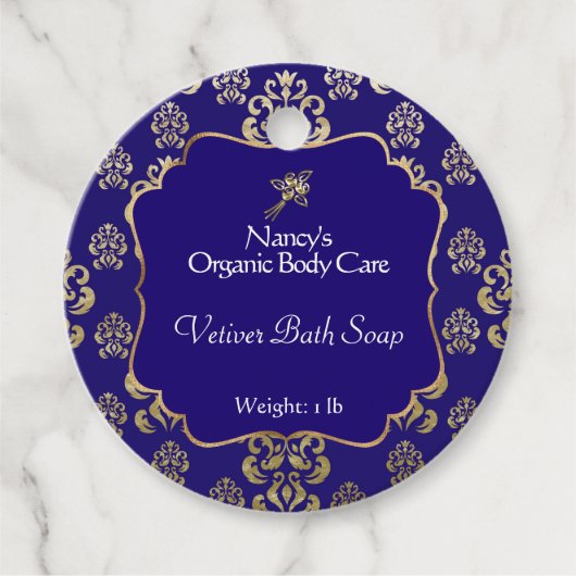 Label van marineblauw en goudfolie (Voorkant)