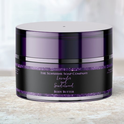 Label voor bodybutterpot met zwarte paarse glitter
