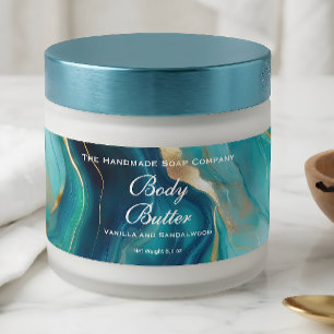 Label voor bodybutterpot - Teal Blue Marmer en Gou Waterfles Etiket