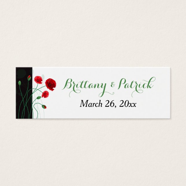 Label voor bruiloft | Rode papaver | Zwart, groen Mini Visitekaartjes (Voorkant)