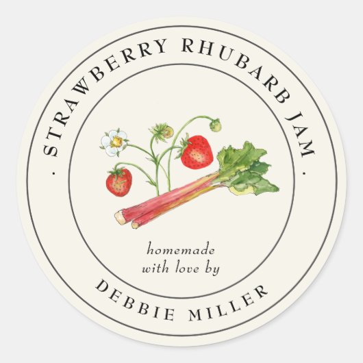 Label voor vintage aardbei rabarberjam inmaakpot (Voorkant)